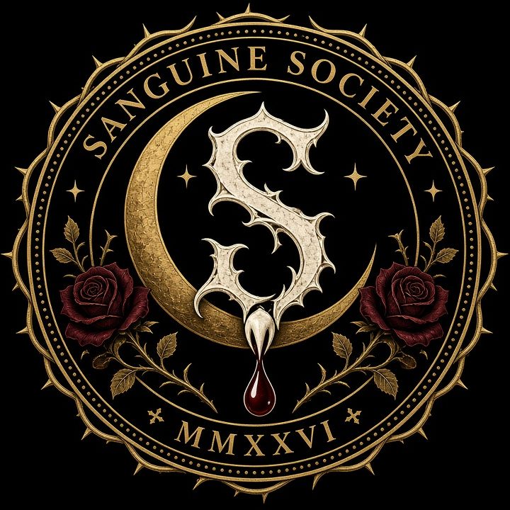 The Sanguine Society seal: a thorned bone-white S on a gold crescent moon, a single drop of blood, two roses, and MMXXVI.